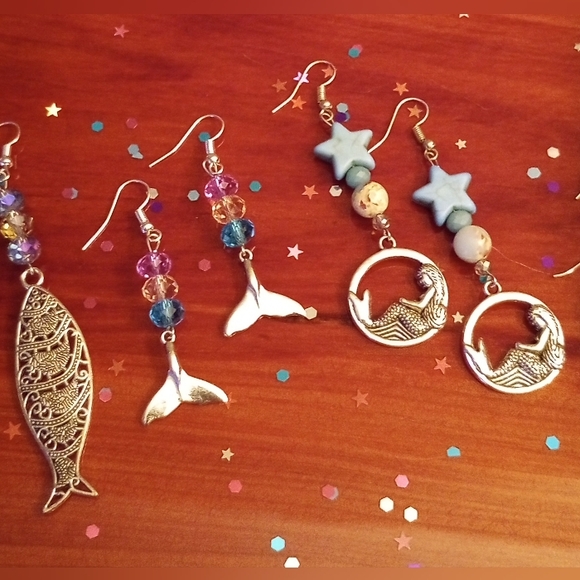 Nautical Sea Life Ocean Beaded Charm Earrings Unique Sparkly Handmade - Picture 3 of 12